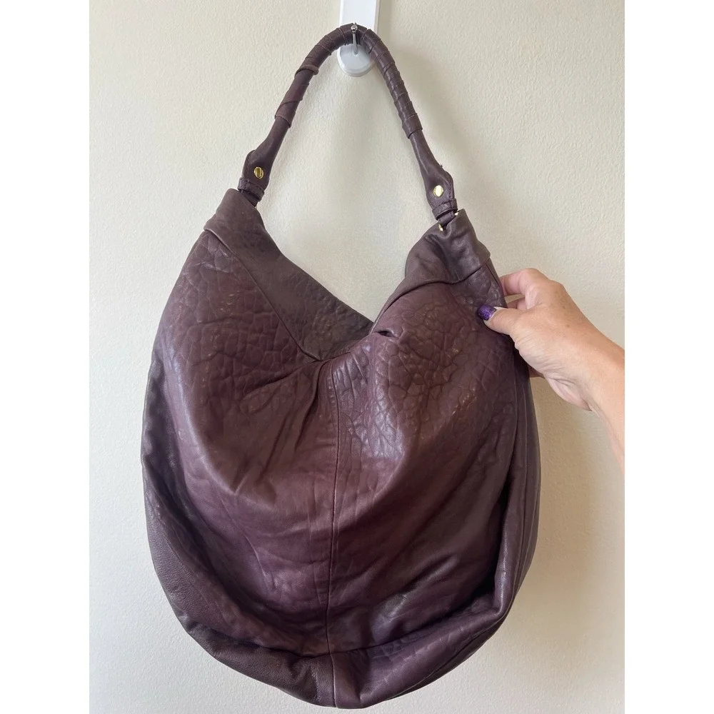 Joelle‎ Hawkens Hobo Slouch Leather Handbag Plum Purple Wrapped Handle Large New